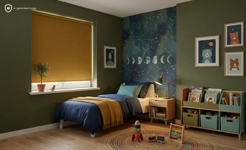 Colourful, spacious child&rsquo;s room with a standard yellow blind on the window.