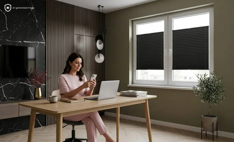 femme-assise-a-son-bureau-dans-un-bureau-minimaliste-avec-des-stores-plisses-occultants-noirs-a-la-fenetre