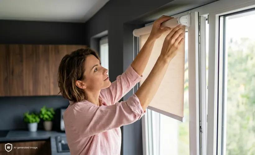 femme-dans-une-cuisine-sombre-installant-un-store-standard-beige-a-la-fenetre