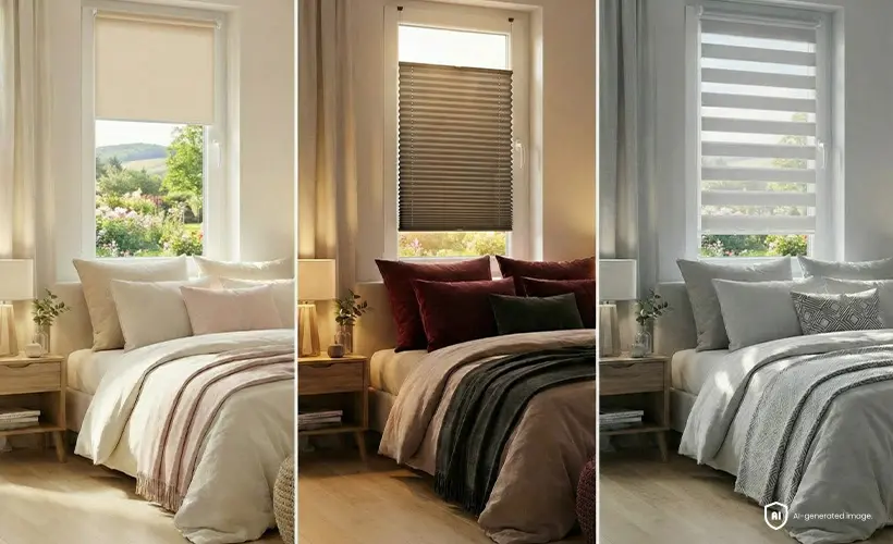 Comparaison d&rsquo;un store enrouleur, d&rsquo;un store pliss&eacute; et d&rsquo;un Store Jour et Nuit aux fen&ecirc;tres d&rsquo;une chambre.