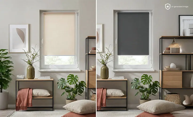 Comparaison d&rsquo;un store enrouleur occultant clair et d&rsquo;un mod&egrave;le fonc&eacute; dans un salon moderne.