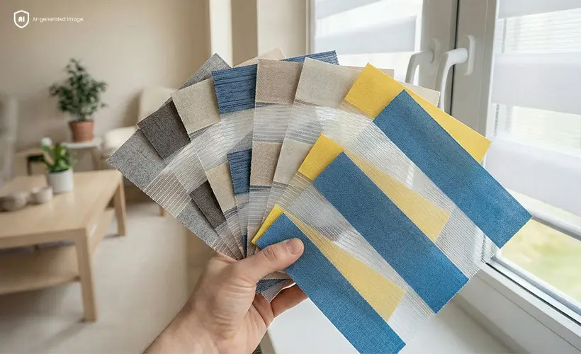 Une main tenant des échantillons de tissus pour Stores Jour et Nuit de différentes couleurs.