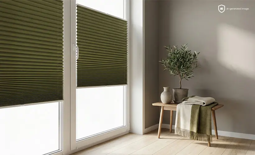 Des stores plissés verts installés sur des portes-fenêtres vitrées.