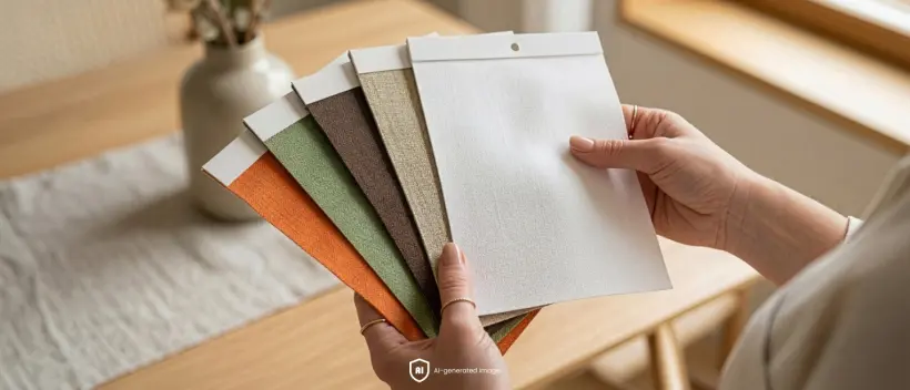Les mains d’une femme tenant des échantillons de tissu dans les couleurs les plus tendance de l’année 2026 : tons terre, verts, bruns et beiges.