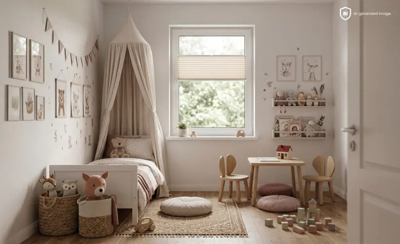 Une petite chambre d&rsquo;enfant chaleureuse et lumineuse, avec un store pliss&eacute; couleur perle &agrave; la fen&ecirc;tre