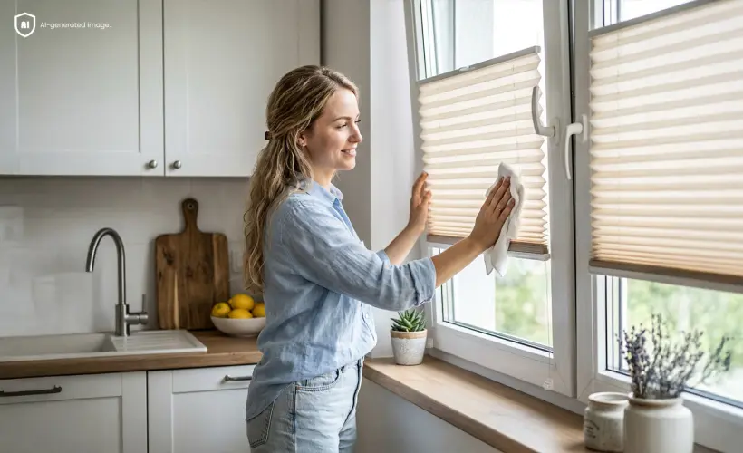 Une femme dans une cuisine blanche, pr&egrave;s d&rsquo;une fen&ecirc;tre avec un store pliss&eacute; beige, tenant un chiffon et nettoyant le store pliss&eacute;