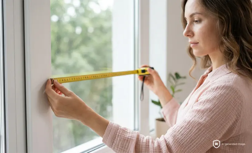 Une femme près de la fenêtre, mètre à la main, prenant les mesures de la fenêtre avant d’acheter un store
