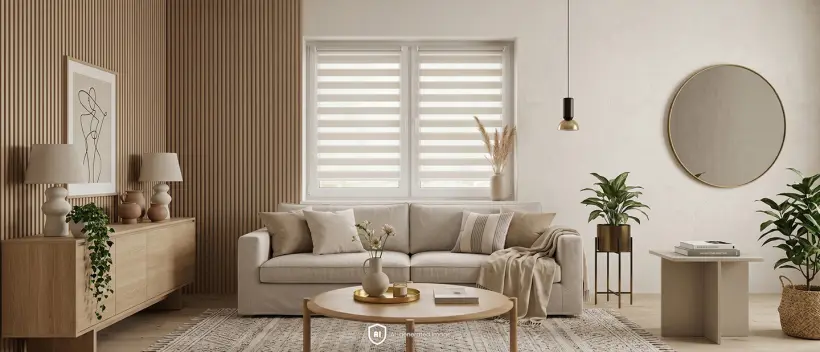 Salon moderne de style scandinave avec un store jour/nuit de couleur cr&egrave;me &agrave; la fen&ecirc;tre