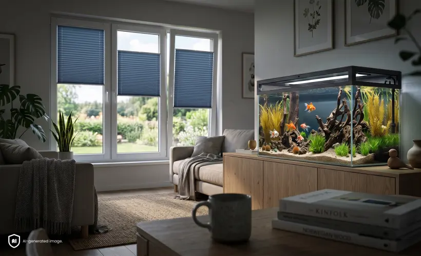 Aquarium on a cabinet in a dark living room, in the background blue standard pleated blinds on the window
