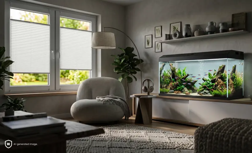 Aquarium avec des poissons color&eacute;s dans un salon minimaliste, &agrave; l'arri&egrave;re-plan des stores pliss&eacute;s blancs &agrave; la fen&ecirc;tre