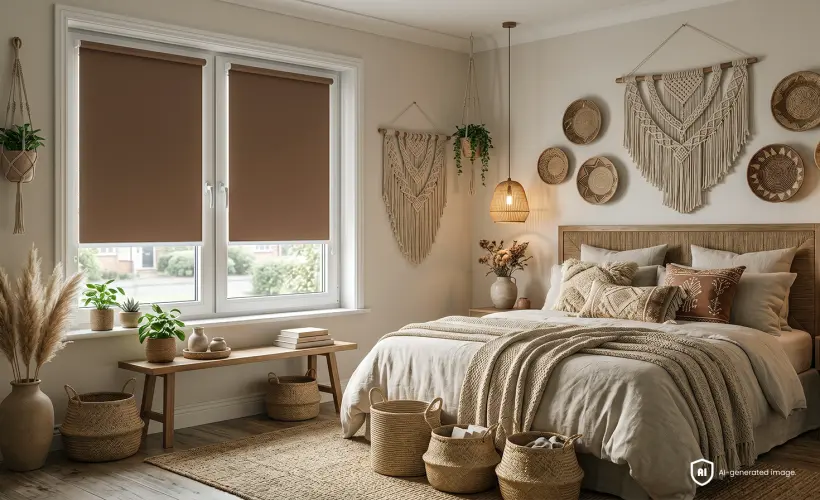 Cosy boho bedroom with brown blackout roller blinds on the window