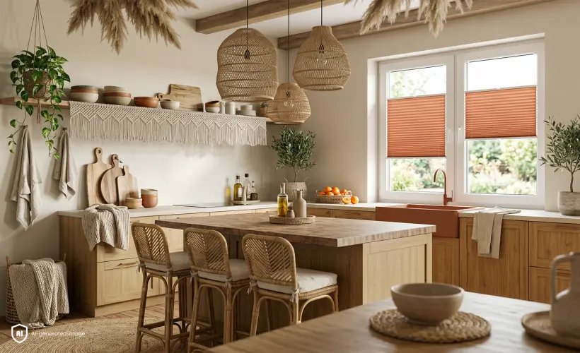Cuisine chaleureuse et conviviale dans un style bohème avec des stores plissés orange à la fenêtre