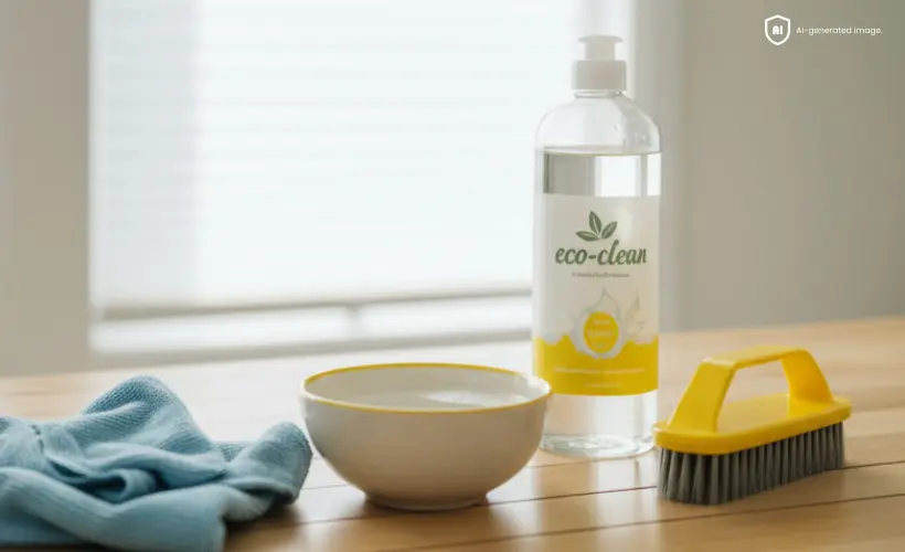 Un chiffon, un bol, un produit nettoyant et une brosse sont dispos&eacute;s sur une table en