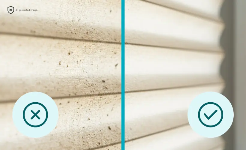 Comparaison entre le tissu taché et le tissu nettoyé d’un store plissé.