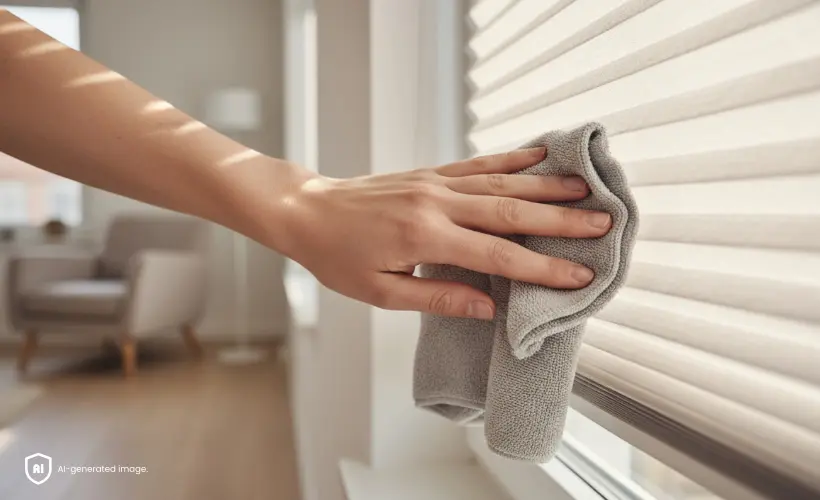 Une main nettoie un store plissé clair avec un chiffon gris.
