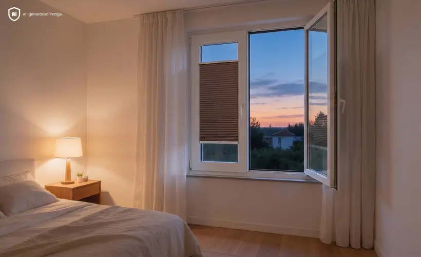 Une chambre chaleureuse et accueillante avec une fen&ecirc;tre ouverte et des stores pliss&eacute;s alv&eacute;ol&eacute;s marron aux fen&ecirc;tres.