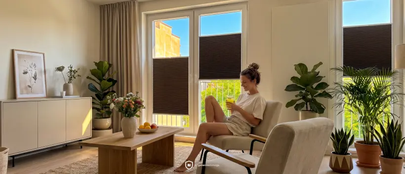 Une femme assise dans un fauteuil dans un salon ensoleill&eacute;, avec des stores pliss&eacute;s marron aux fen&ecirc;tres.