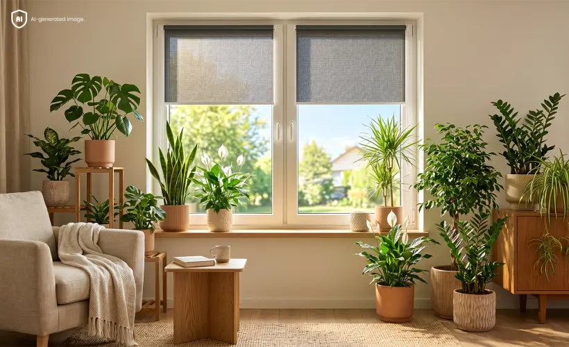 Un salon lumineux avec une fen&ecirc;tre &eacute;quip&eacute;e de stores enrouleurs gris standard, entour&eacute;e de plantes.