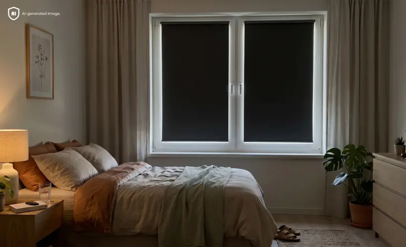 Une chambre avec des stores occultants gris aux fen&ecirc;tres.