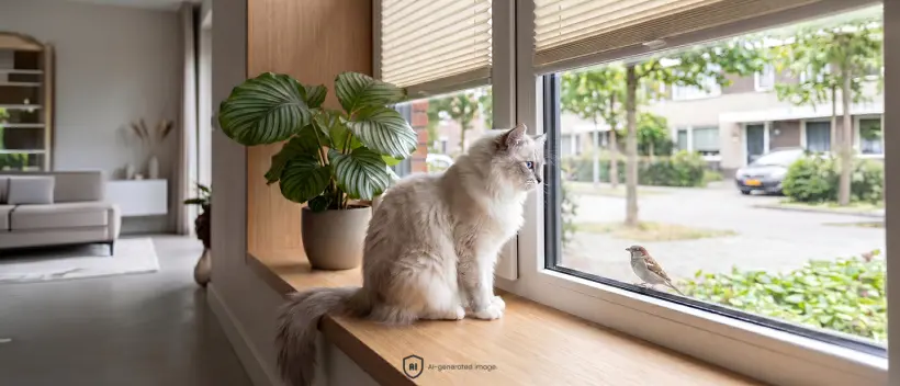 Cat sitting on a windowsill, looking out through an uncovered window with a standard beige pleated blind.