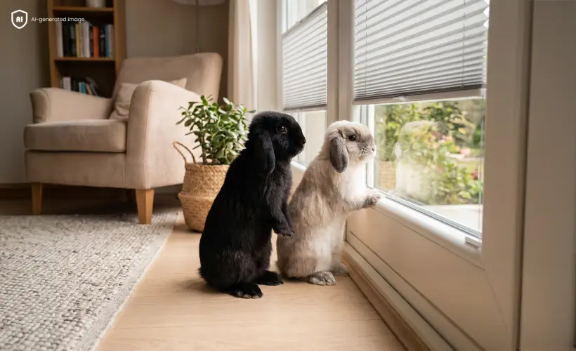 Two small rabbits looking out of the window, with standard grey pleated blinds on the window.