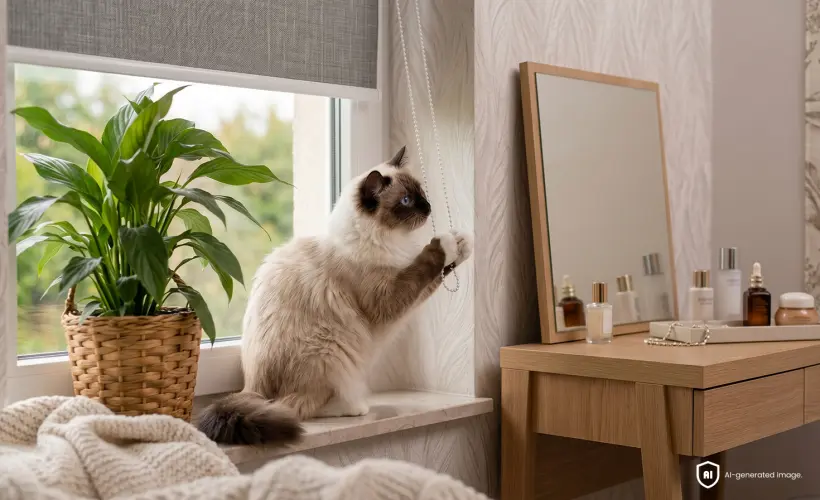 chat assis sur le rebord de la fen&ecirc;tre pr&egrave;s d&rsquo;une plante jouant avec la chainette du store