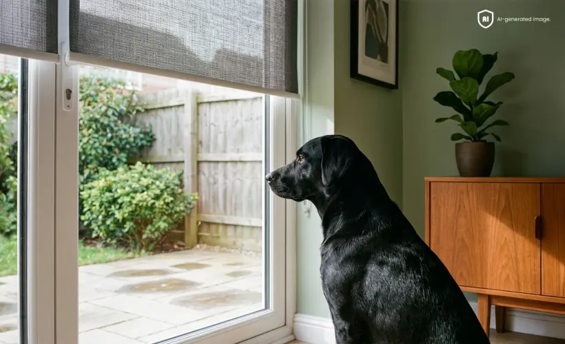 grand chien noir regardant par la porte-fen&ecirc;tre avec un store standard gris