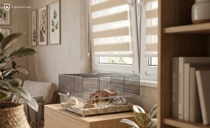 cage avec des hamsters sur une armoire près d’une fenêtre avec un store jour nuit beige sur la fenêtre