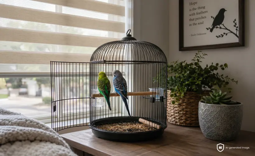 perroquets colorés dans une cage ouverte sur un bureau près d’une fenêtre avec un store jour nuit beige