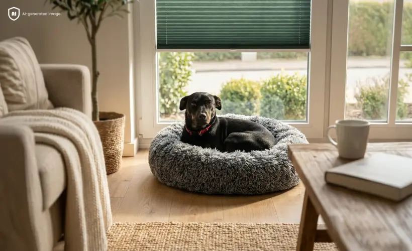 petit chien noir allong&eacute; dans un panier pr&egrave;s d&rsquo;une fen&ecirc;tre avec un store pliss&eacute; standard sur la fen&ecirc;tre
