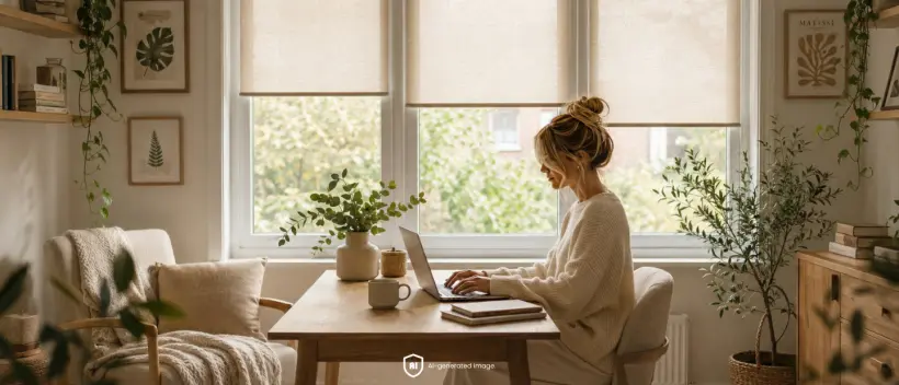Femme travaillant dans le salon sur un ordinateur portable, avec en arrière-plan des stores enrouleurs beiges aux fenêtres