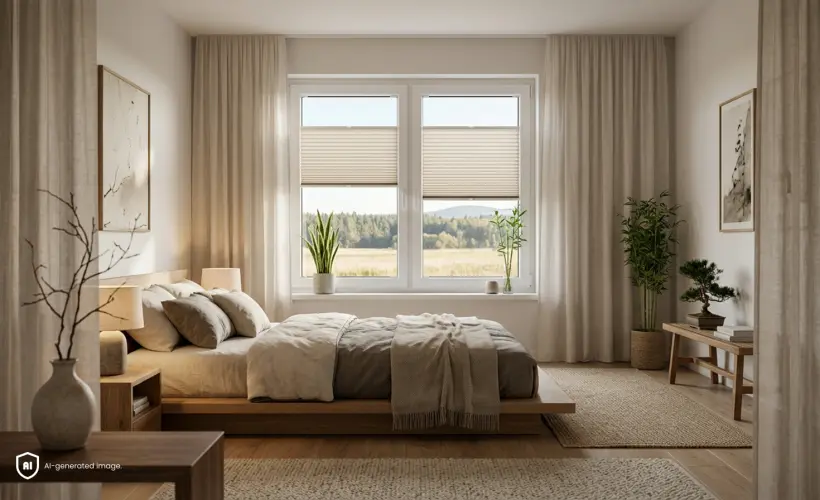 Une chambre beige chaleureuse de style japandi, avec des plissés beiges sur la fenêtre.