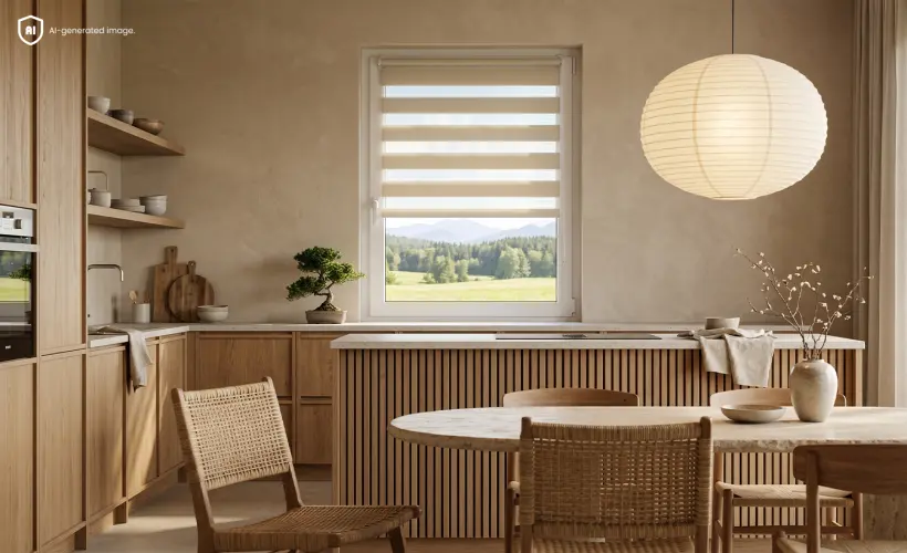 Une fenêtre avec un Store Jour et Nuit beige dans une cuisine de style japandi.