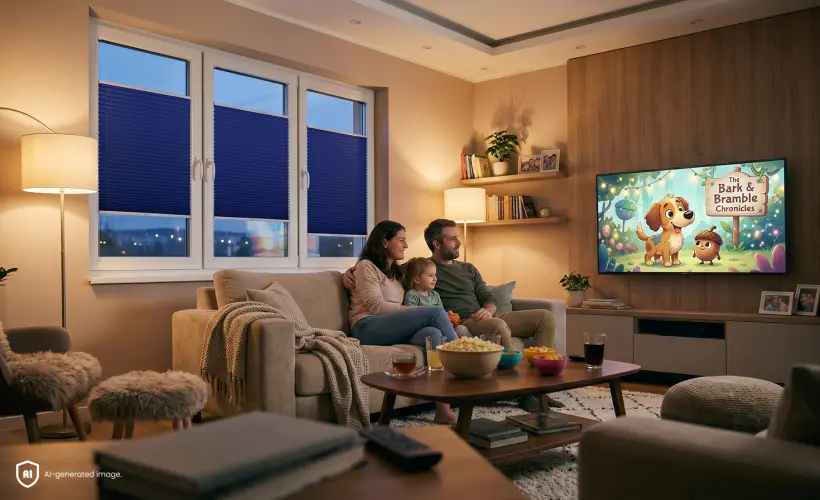 Famille assise sur le canap&eacute; devant le t&eacute;l&eacute;viseur regardant un film dans un cin&eacute;ma maison