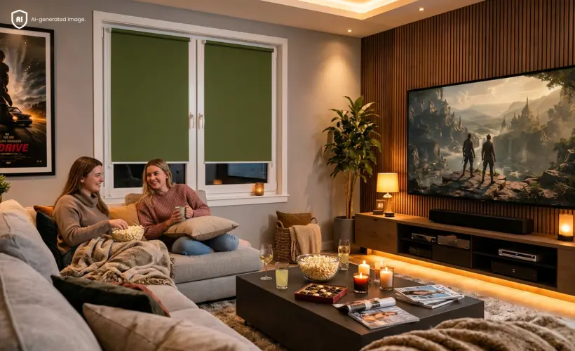 Femmes assises sur le canap&eacute; devant le t&eacute;l&eacute;viseur dans un cin&eacute;ma maison