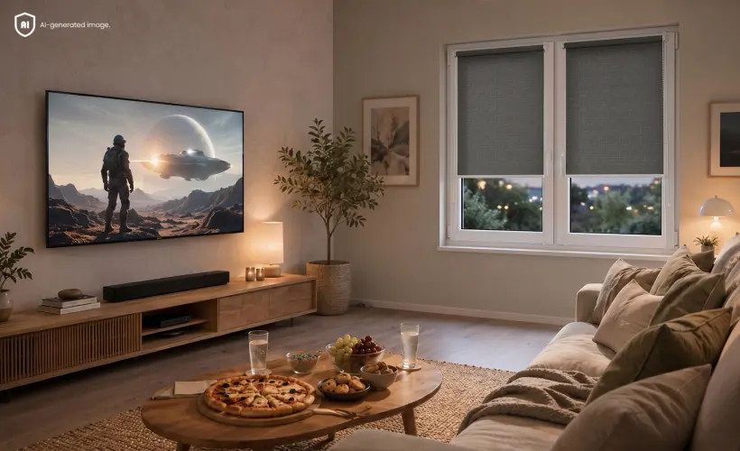 Grand t&eacute;l&eacute;viseur au mur dans un salon chaleureux, stores enrouleurs standard gris &agrave; la fen&ecirc;tre