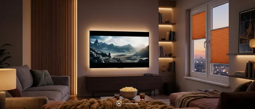 Grand téléviseur au mur dans un cinéma maison, un store plissé standard orange à la fenêtre