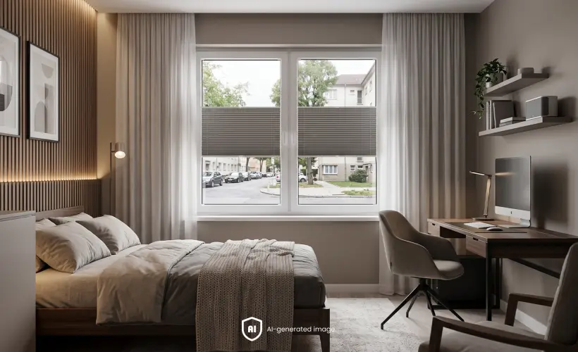 Une chambre d&rsquo;adolescent moderne. &Agrave; l&rsquo;arri&egrave;re-plan, un store pliss&eacute; prot&egrave;ge des regards ext&eacute;rieurs.