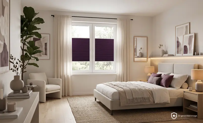 Une grande chambre &eacute;l&eacute;gante avec un beau store pliss&eacute; assorti &agrave; la couleur des accessoires