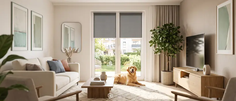 Un grand salon lumineux dans lequel un chien se repose. Des stores gris sont visibles &agrave; l&rsquo;arri&egrave;re-plan.