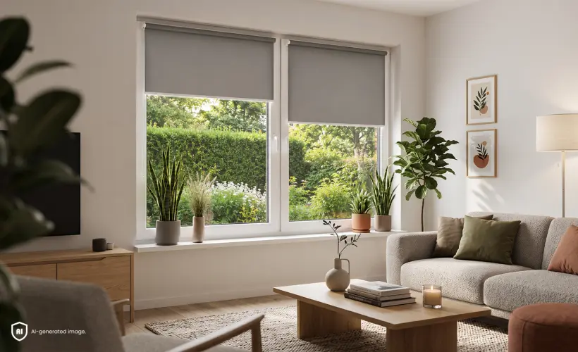 Un salon avec vue sur un grand jardin verdoyant derri&egrave;re la fen&ecirc;tre. Un store gris est install&eacute; sur la fen&ecirc;tre.