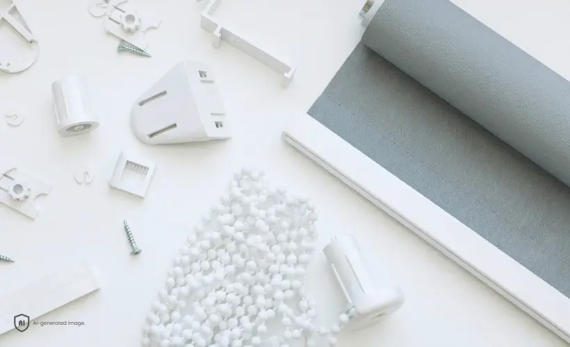Un store enrouleur en tissu gris avec ses pièces de montage.