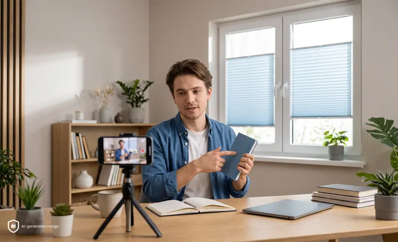 A man recording a book review video at his desk, with blue standard pleated blinds on the window in the background.