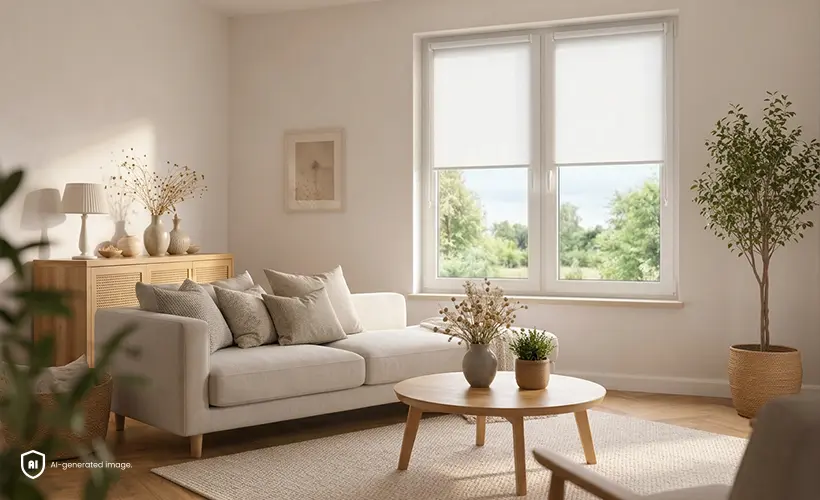 Un salon de style scandinave dans la teinte Cloud Dancer, avec un store blanc &agrave; la fen&ecirc;tre, des meubles en bois et des accessoires naturels
