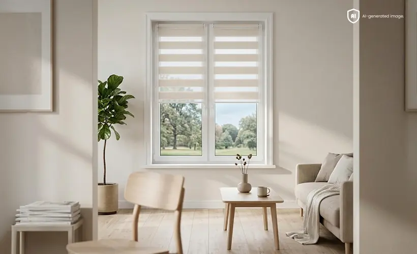 Une fen&ecirc;tre &eacute;quip&eacute;e d'un store jour et nuit dans un salon lumineux et ensoleill&eacute;, agr&eacute;ment&eacute; de plantes et de meubles en bois