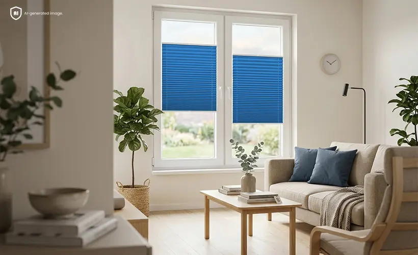 Un salon lumineux avec une grande fen&ecirc;tre, des stores pliss&eacute;s bleus, des meubles en bois et une d&eacute;coration dans la teinte Cloud Dancer