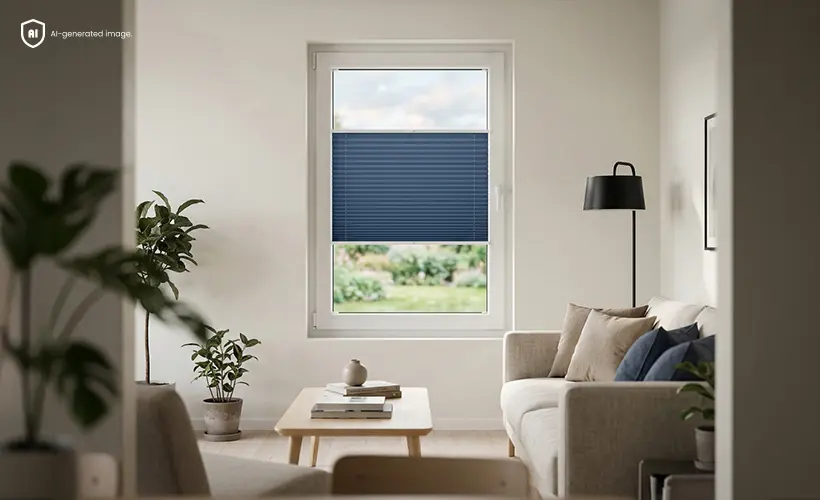 Un intérieur lumineux avec un store plissé bleu marine, des meubles en bois et de subtiles touches de noir