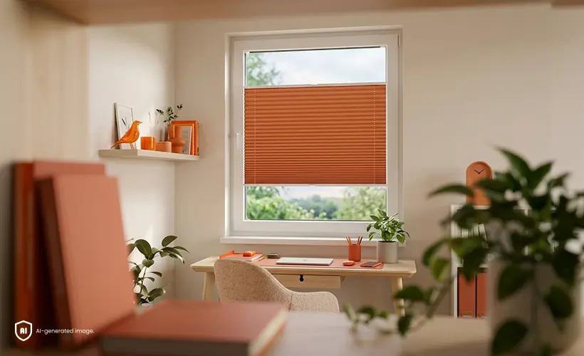Un bureau à domicile avec un store plissé orange à la fenêtre et une décoration lumineuse dans des tons naturels