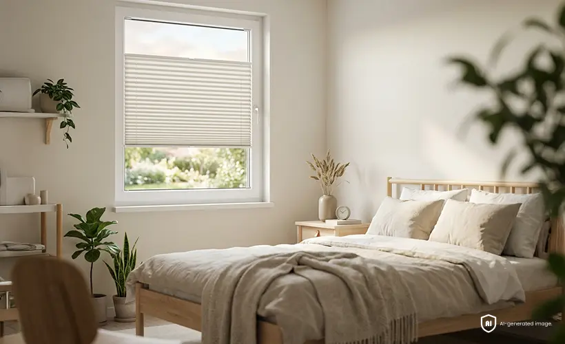 Une chambre minimaliste avec un store plissé nacré à la fenêtre, du bois et des plantes, dans un espace lumineux et harmonieux