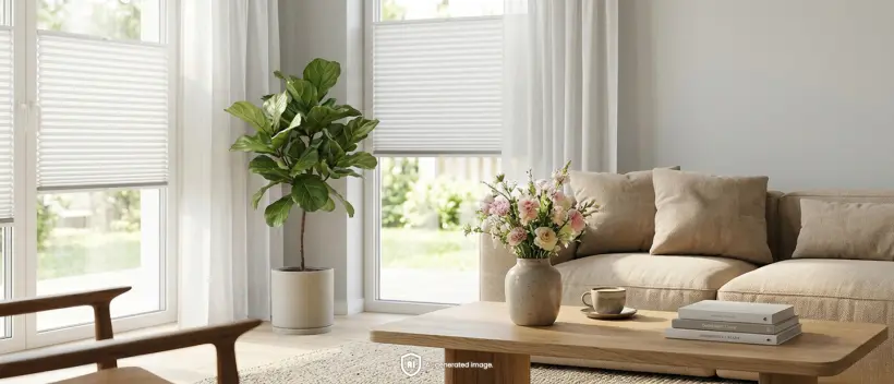A sunny living room in a modern style with large windows and standard white roller blinds